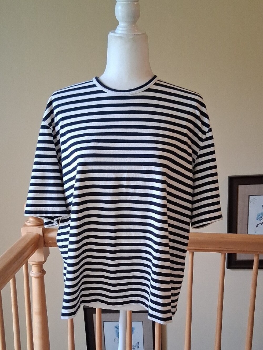 Comme Des Garcons Junya Watanabe Navy and White Striped Short Sleeve Top